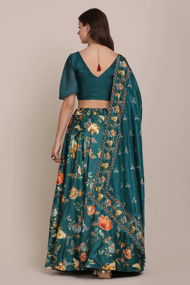 Green Chinon Printed Lehenga Choli