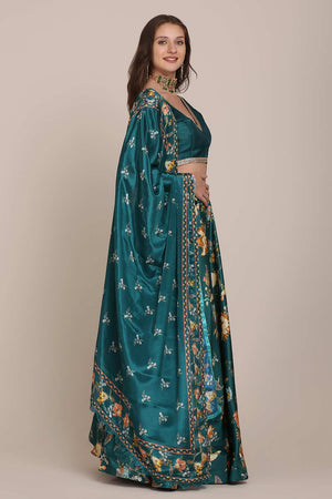 Green Chinon Printed Lehenga Choli