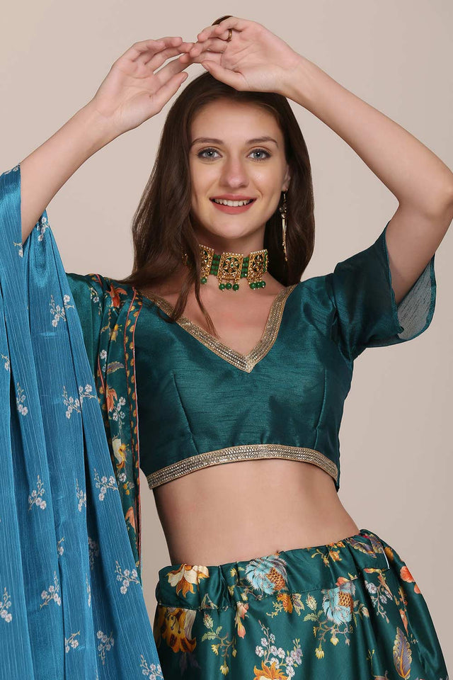 Green Chinon Printed Lehenga Choli