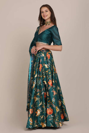 Green Chinon Printed Lehenga Choli