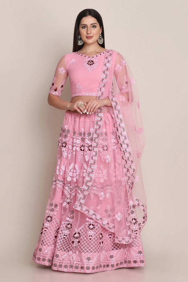 Pink Net Embroidered Lehenga Choli