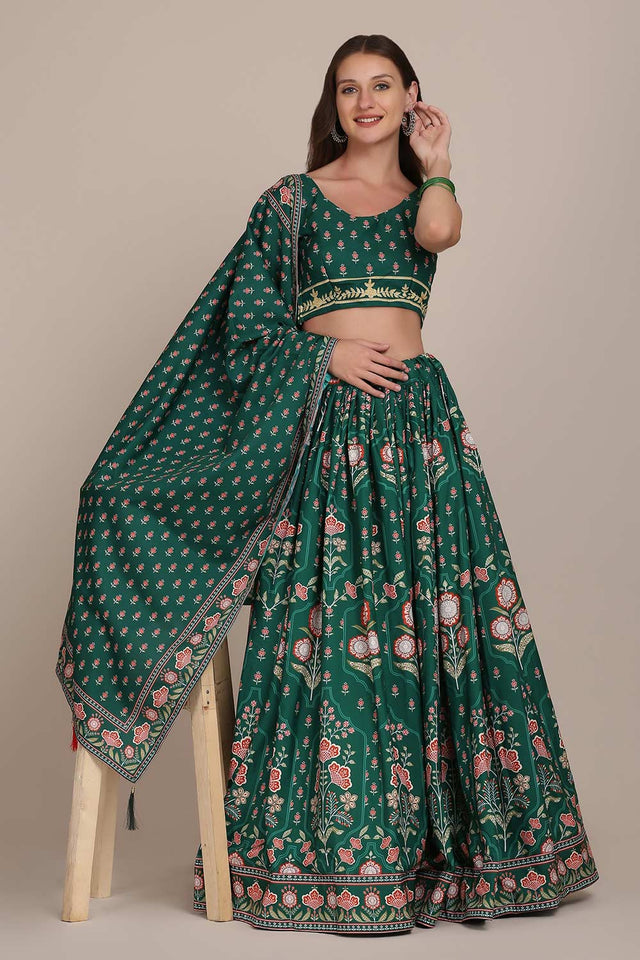 Green Crepe Printed Lehenga Choli