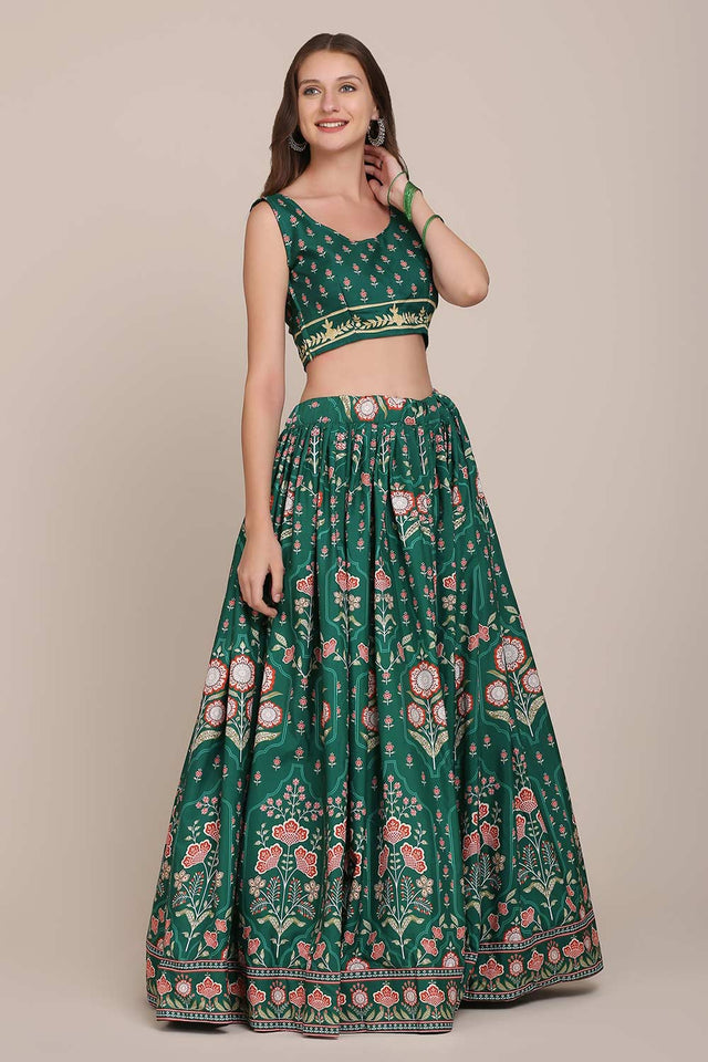 Green Crepe Printed Lehenga Choli