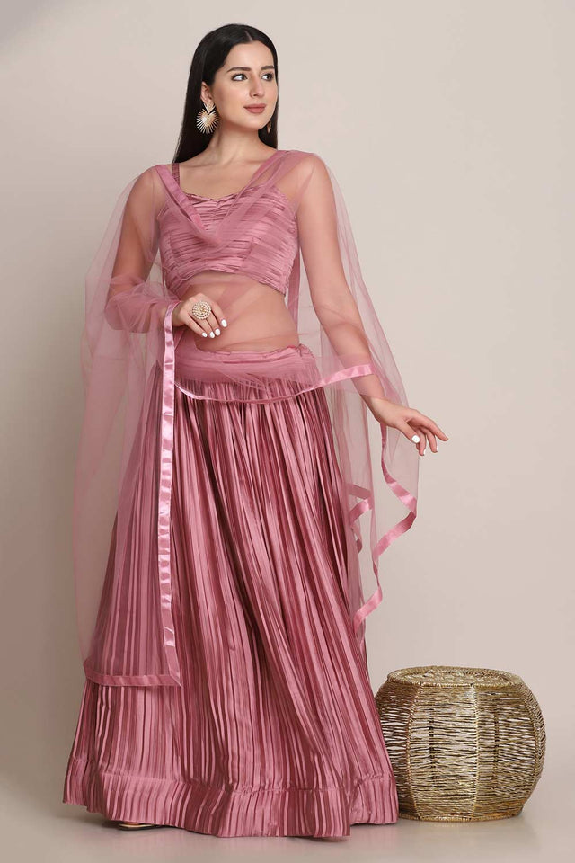 Pink Satin Silk Self Design Lehenga Choli