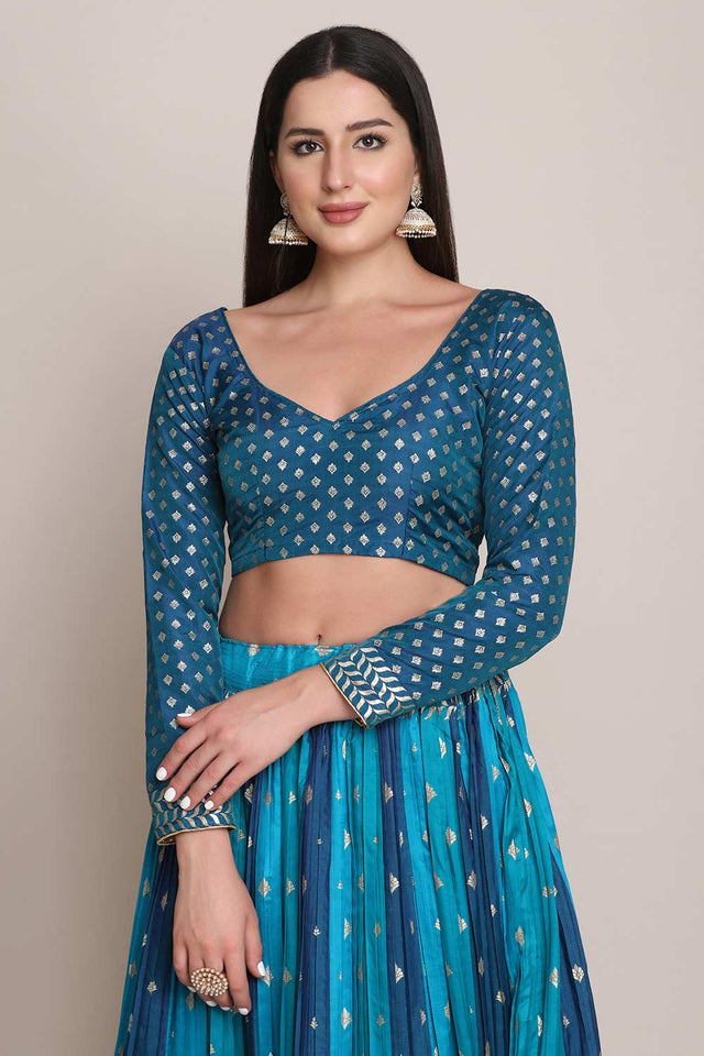 Blue Silk Blend Zari Woven Lehenga Choli