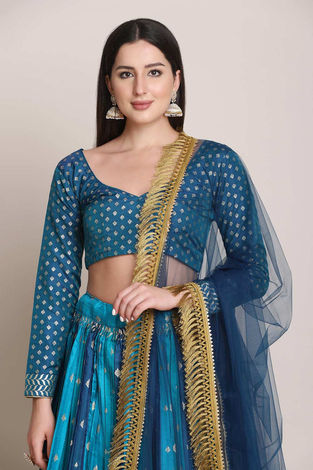 Blue Silk Blend Zari Woven Lehenga Choli