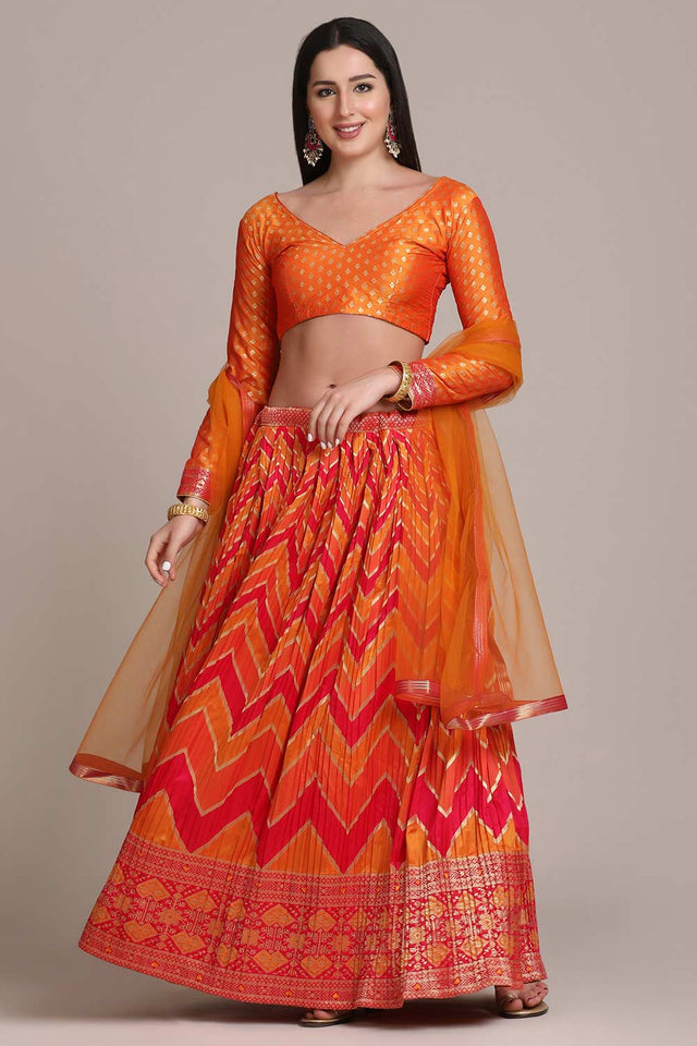 Orange Silk Blend Zari Woven Flared Lehenga Choli