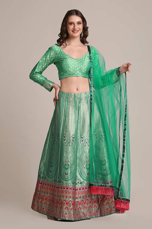 Green Jacquard Silk Gold Woven Lehenga Choli