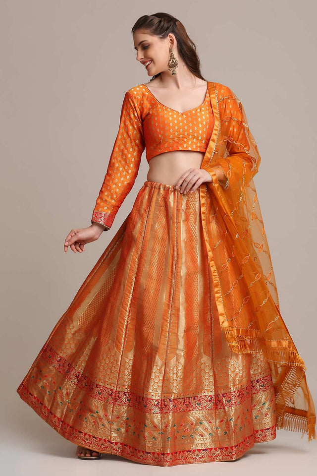 Orange Jacquard Silk Gold Woven Lehenga Choli