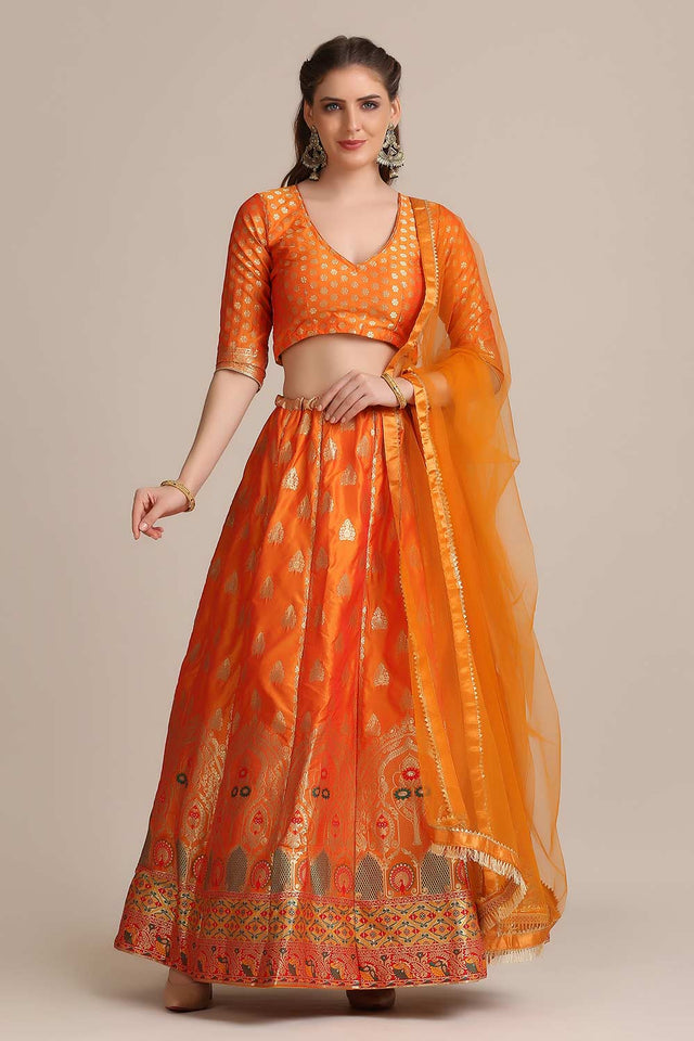 Orange Jacquard Silk Gold Woven Lehenga Choli