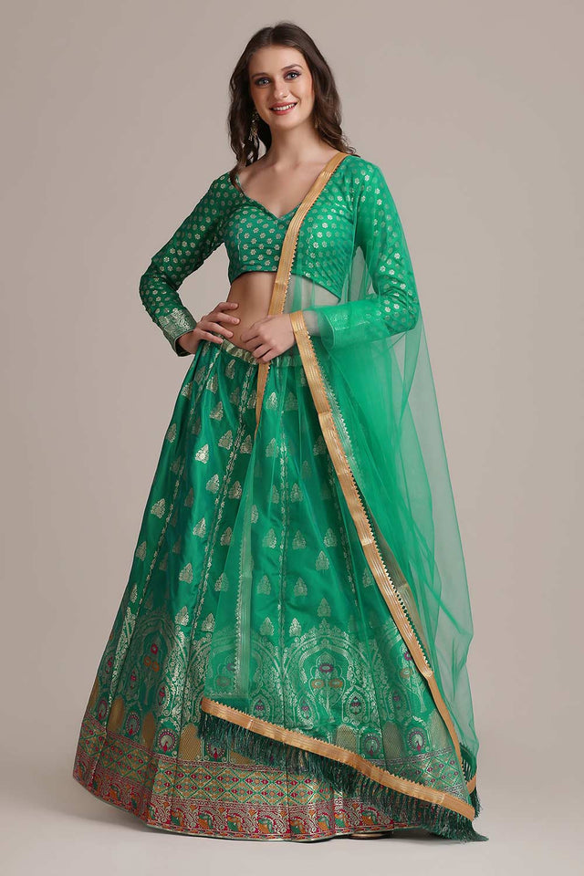 Green Jacquard Silk Gold Woven Lehenga Choli