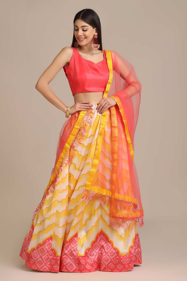 Pink Satin Silk Printed Lehenga Choli