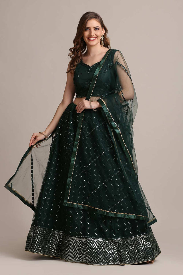 Green Net Embellished Work Lehenga Choli