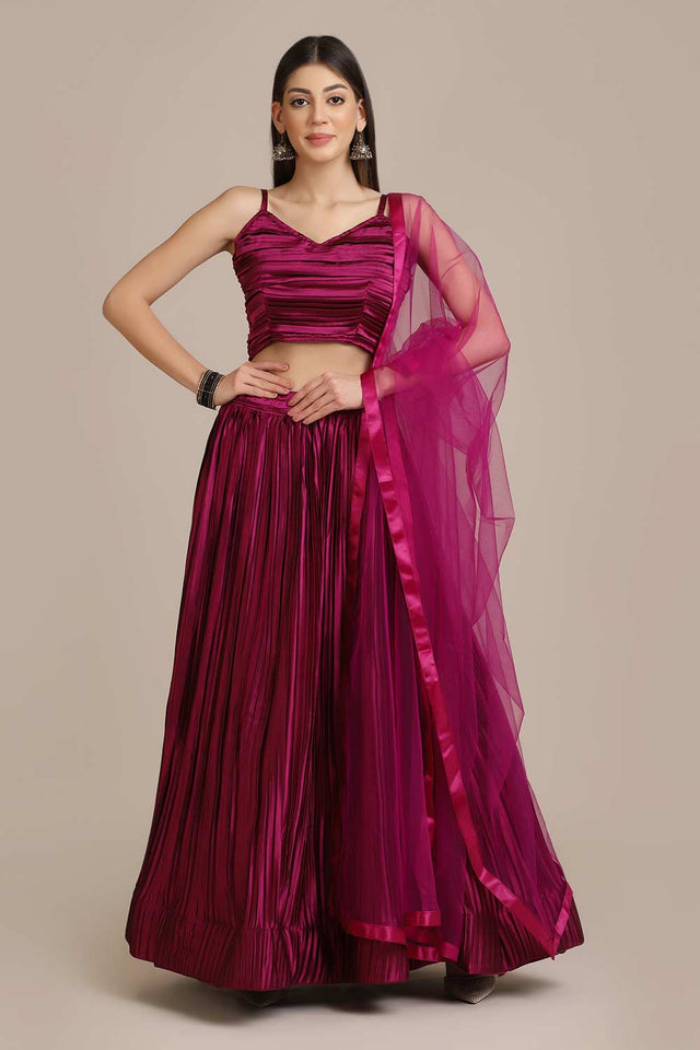 Purple Satin Silk Platted Lehenga Choli