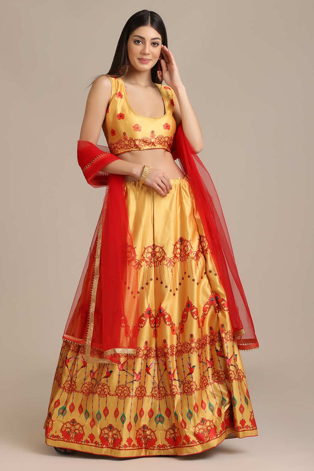 Yellow Gotta Zari Work Floral Print Lehenga Choli