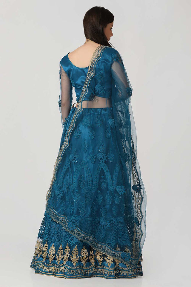 Blue Net Embroidered Work Lehenga Choli