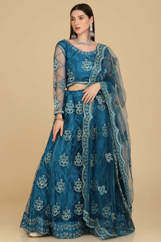 Teal Net Embroidered Work Lehenga Choli