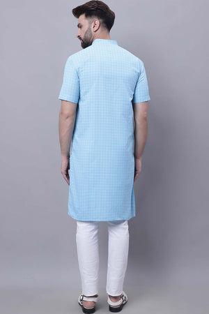 Buy Men's Blue Cotton Check Print Long Kurta Top Online - Front