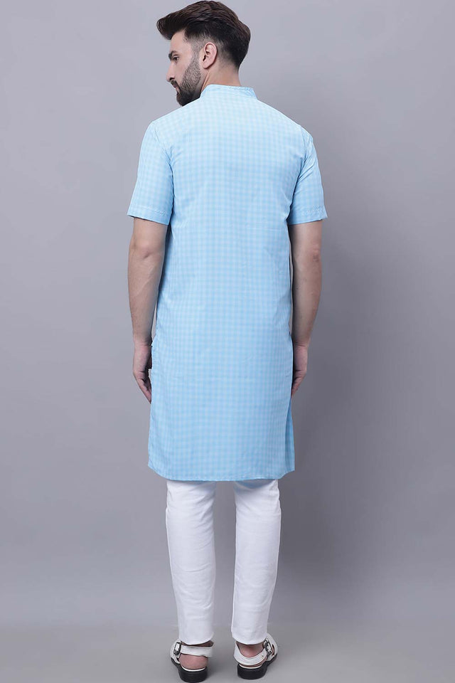 Buy Men's Blue Cotton Check Print Long Kurta Top Online - Front