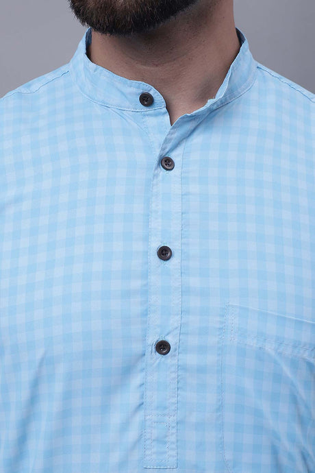 Buy Men's Blue Cotton Check Print Long Kurta Top Online - Side