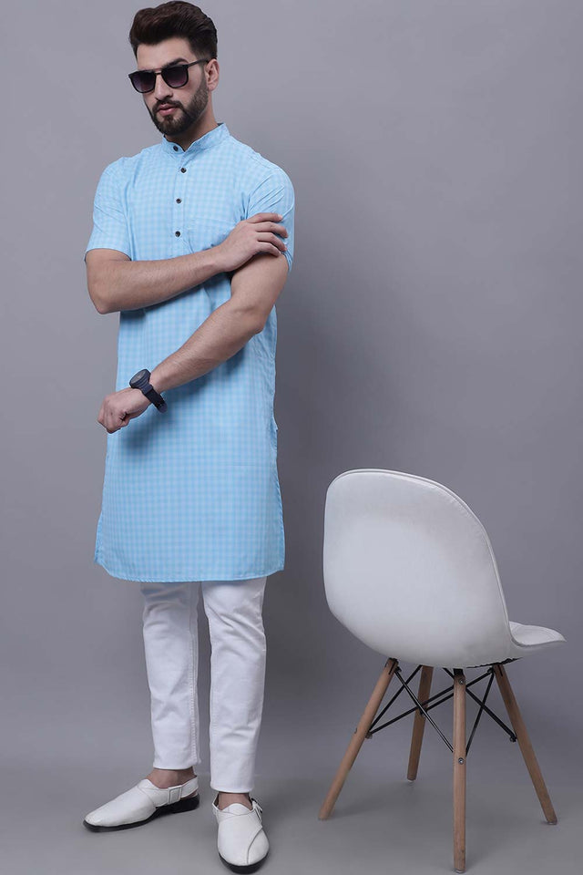 Buy Men's Blue Cotton Check Print Long Kurta Top Online - Zoom In