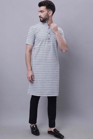 Buy Men's Multi Cotton Check Print Long Kurta Top Online - Back