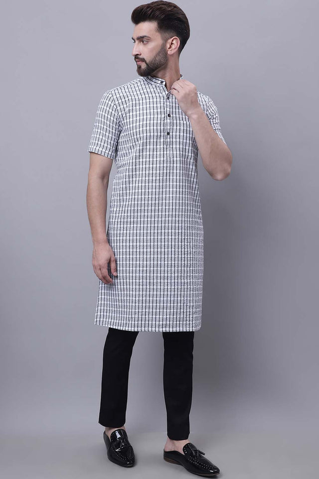 Buy Men's Multi Cotton Check Print Long Kurta Top Online - Back