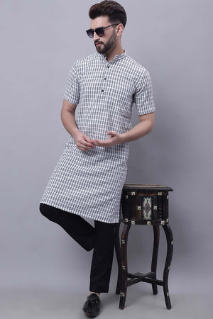 Buy Men's Multi Cotton Check Print Long Kurta Top Online - Zoom In