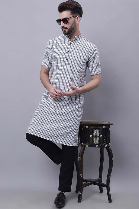 Buy Men's Multi Cotton Check Print Long Kurta Top Online - Zoom In