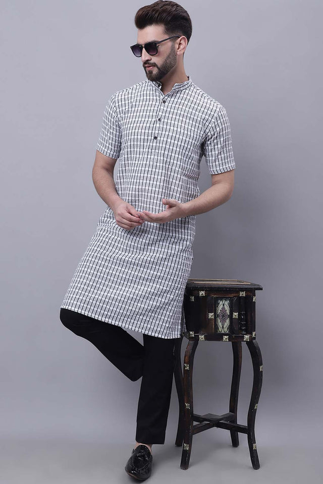 Buy Men's Multi Cotton Check Print Long Kurta Top Online - Zoom In