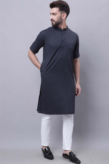 Buy Men's Black Cotton Self Design Long Kurta Top Online - Back