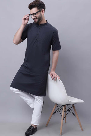 Buy Men's Black Cotton Self Design Long Kurta Top Online - Zoom In