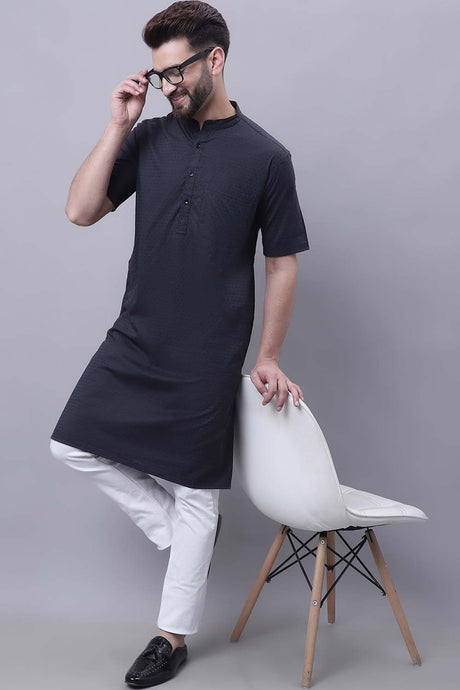 Buy Men's Black Cotton Self Design Long Kurta Top Online - Zoom In