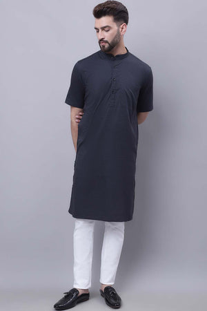 Buy Men's Black Cotton Self Design Long Kurta Top Online - Zoom Out