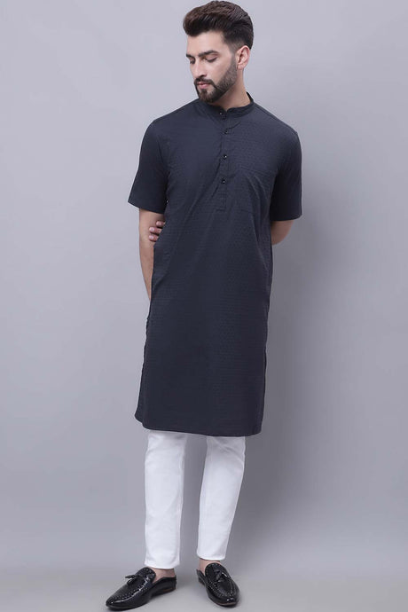 Buy Men's Black Cotton Self Design Long Kurta Top Online - Zoom Out