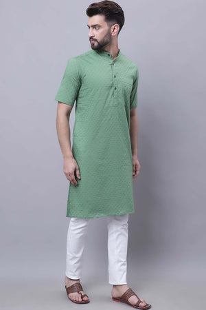 Buy Men's Green Cotton Self Design Long Kurta Top Online - Back