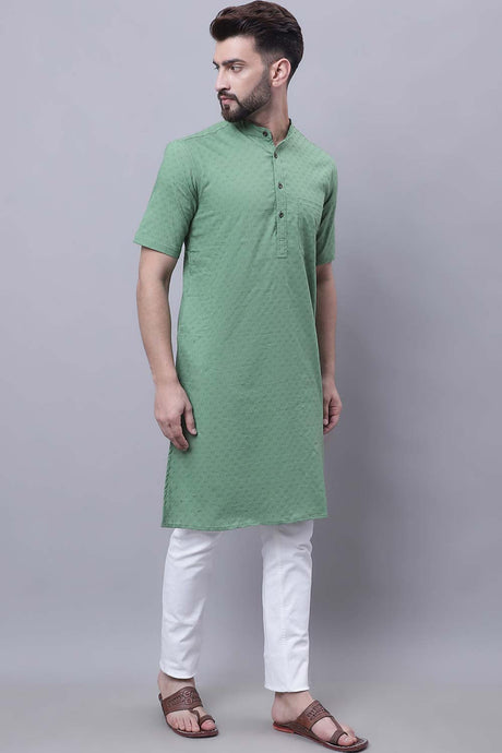 Buy Men's Green Cotton Self Design Long Kurta Top Online - Back