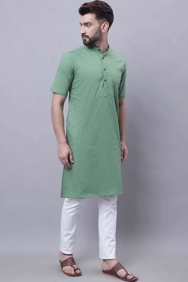 Buy Men's Green Cotton Self Design Long Kurta Top Online - Back