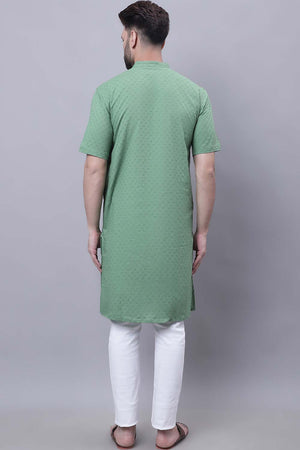 Buy Men's Green Cotton Self Design Long Kurta Top Online - Front