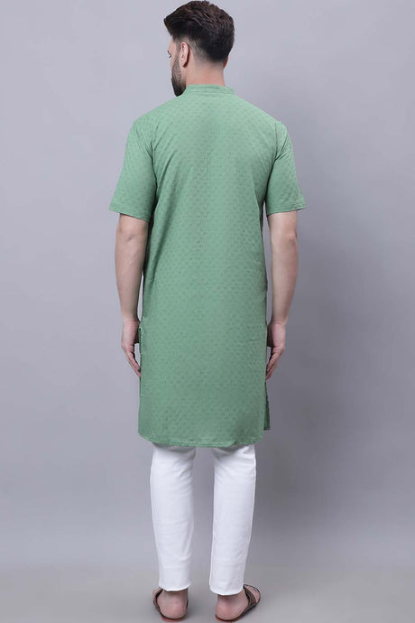 Buy Men's Green Cotton Self Design Long Kurta Top Online - Front