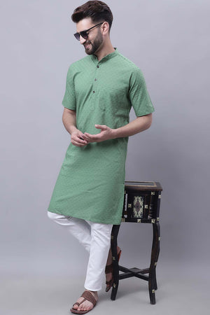 Buy Men's Green Cotton Self Design Long Kurta Top Online
