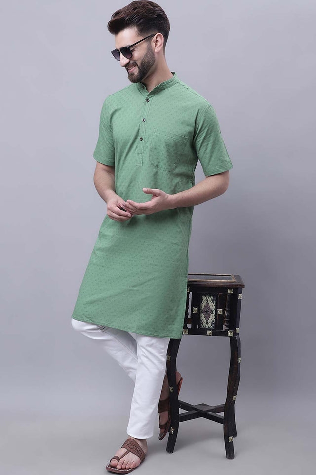 Buy Men's Green Cotton Self Design Long Kurta Top Online