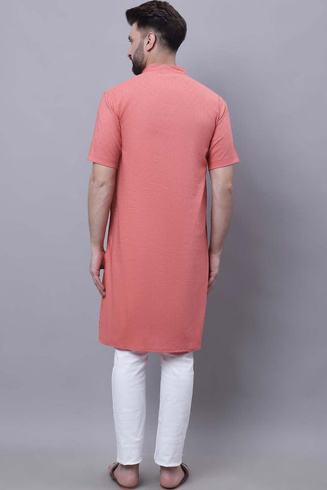 Buy Men's Peach Cotton Self Design Long Kurta Top Online - Front