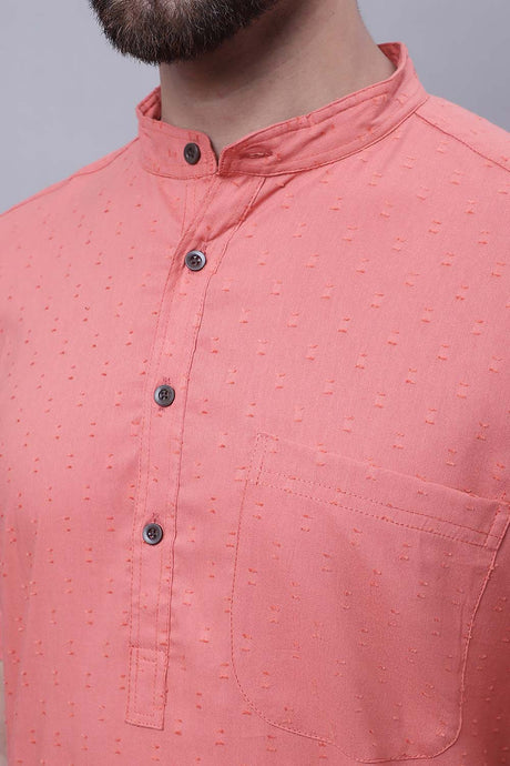 Buy Men's Peach Cotton Self Design Long Kurta Top Online - Side