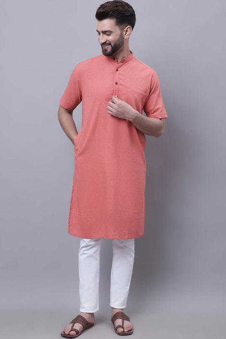 Buy Men's Peach Cotton Self Design Long Kurta Top Online - Zoom In
