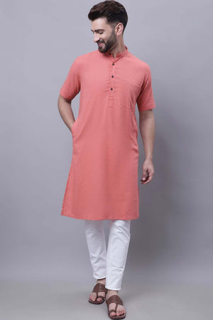 Buy Men's Peach Cotton Self Design Long Kurta Top Online - Zoom Out