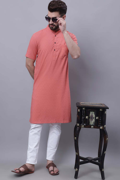 Buy Men's Peach Cotton Self Design Long Kurta Top Online