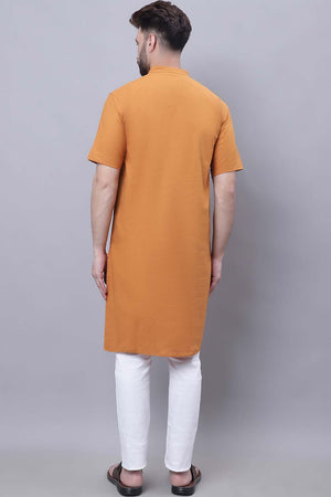 Buy Men's Yellow Cotton Solid Long Kurta Top Online - Front