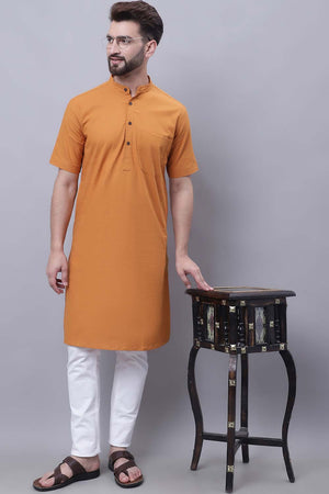 Buy Men's Yellow Cotton Solid Long Kurta Top Online - Zoom In