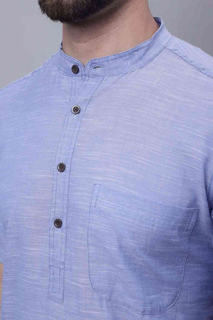 Buy Men's Blue Cotton Solid Long Kurta Top Online - Side